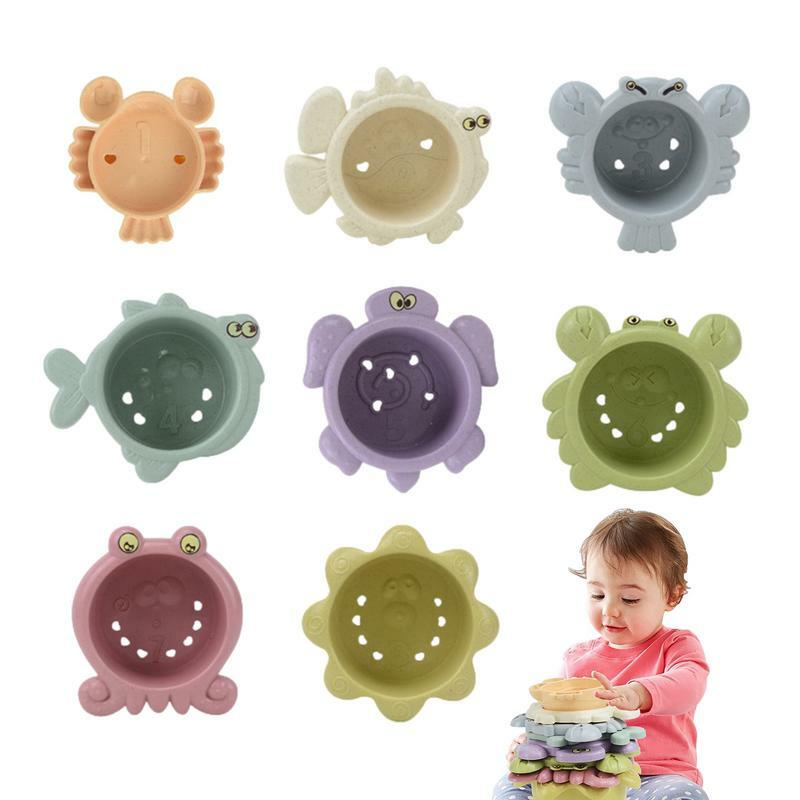 Juego de juguetes apilables para niños pequeños, juego de 8 tazas de juguete apilables con números y formas de animales, juguetes de prejardín de infantes para agua de baño