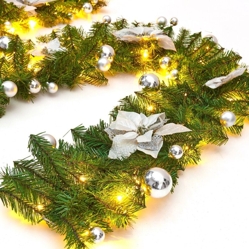 Guirnalda navideña colgante para puerta con luces LED, decoración navideña de ratán, bolas de Navidad, flor Artificial, corona de Navidad, 2,7 M