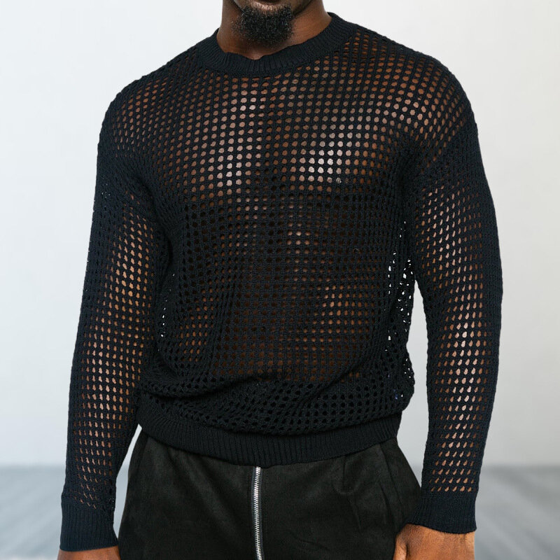 Сексуальная мужская Трикотажная Одежда с вырезами, тонкий пуловер, свитер, сексуальный сетчатый мужской вязаный свитер, модная индивидуальная мужская одежда