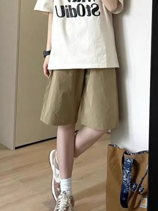 Шорты женские однотонные летние с эластичным поясом, модные простые универсальные прямые Повседневные в Корейском стиле, для студентов, в стиле ампир, для отдыха
