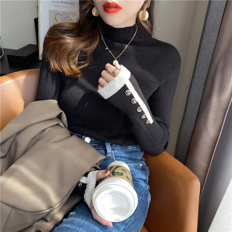 2023 Basic Turtleneck Women Sweaters Autumn Winter Thick Warm Pullover Slim Tops Ribbed Knitted Sweater Jumper Soft Pull Female