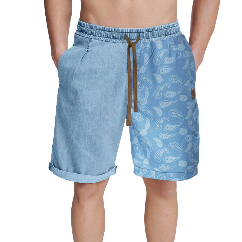 2024 Summer Casual Denim Shorts Loose Plus-size Printed Straight-leg Elastic-waisted Nickel Shorts