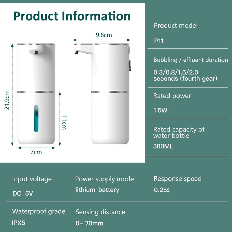 Dispensador de sabão de espuma automática para banheiro, máquina de lavar mão inteligente, carregamento USB, branco, alta qualidade, material ABS, 380ml