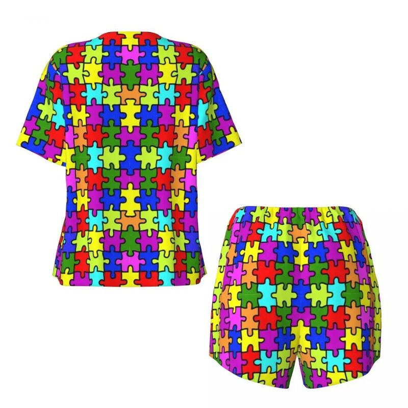 여성용 맞춤형 자폐증 인식 다채로운 퍼즐 조각 잠옷 세트, 반팔 잠옷, 라운지웨어, PJ 반바지 세트, 2 피스