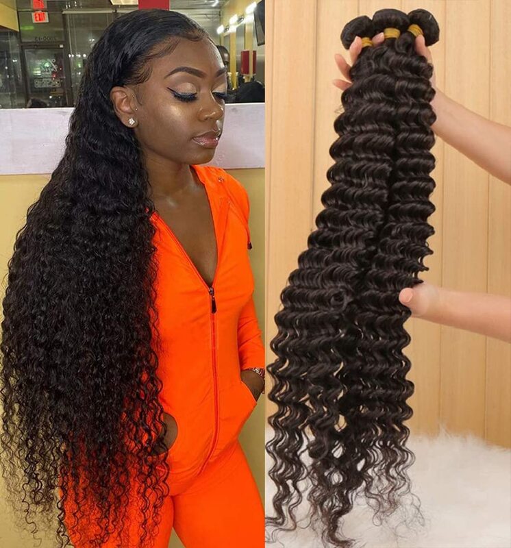 Mechones de cabello humano rizado de onda profunda para mujeres negras, cabello brasileño ondulado Remy, 3 mechones, Color Natural de 30 pulgadas