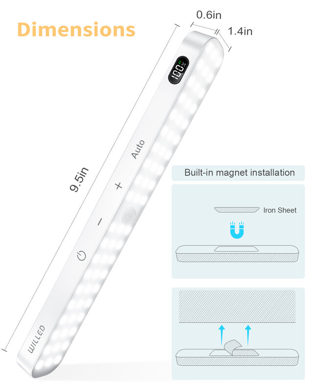 WILLED lampu kabinet Sensor gerak, lampu malam nirkabel dapat diisi ulang dengan baterai 60 LED, Bar lampu sentuh
