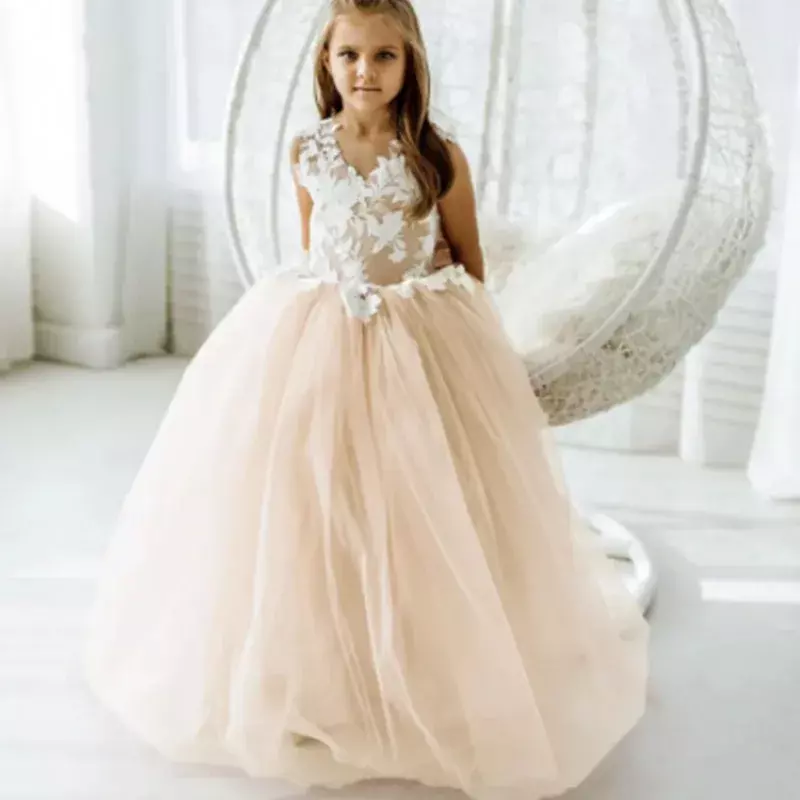 Gaun gadis bunga bengkak Tulle applique pita dengan ekor dapat dilepas gaun pernikahan Komuni Pertama pesta ulang tahun anak perempuan bayi putri