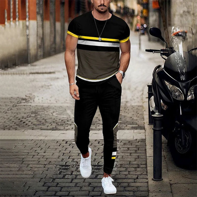 Striped 3D Printed Summer Men Outfit Tracksuit Suits Oversize T Shirt Trousers 2 Piece Casual Street Man Sets Fashion Clothing
