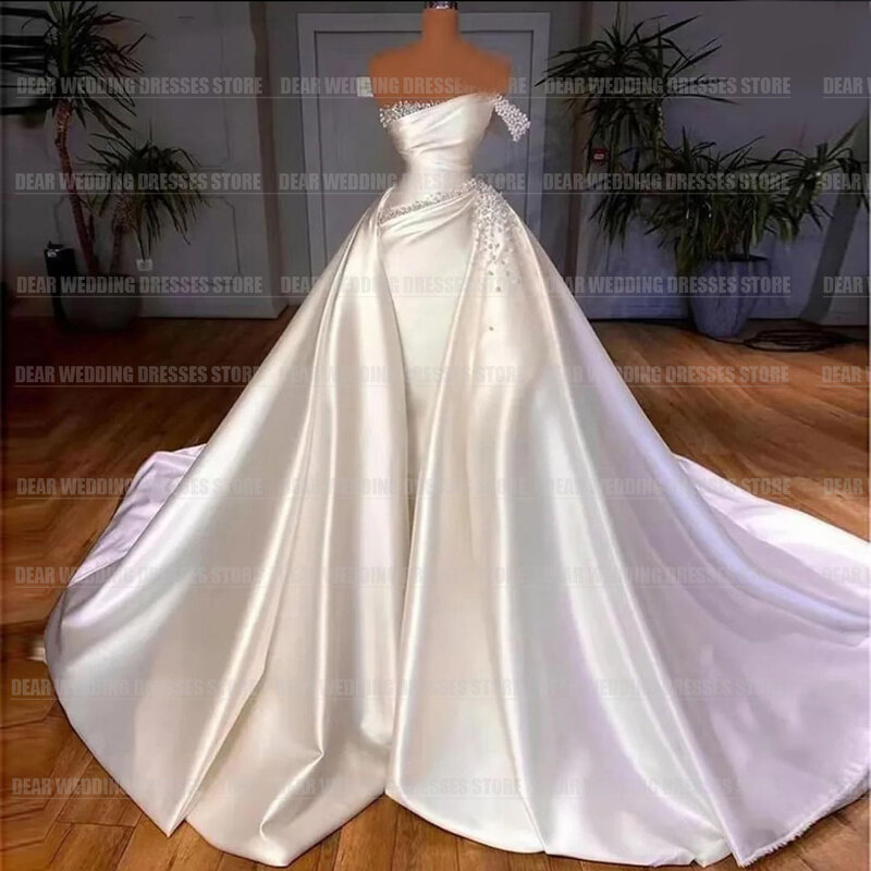 Vestido De novia De lujo con cola desmontable para mujer, traje Sexy De satén con perlas, elegante, Formal, para fiesta, 2024