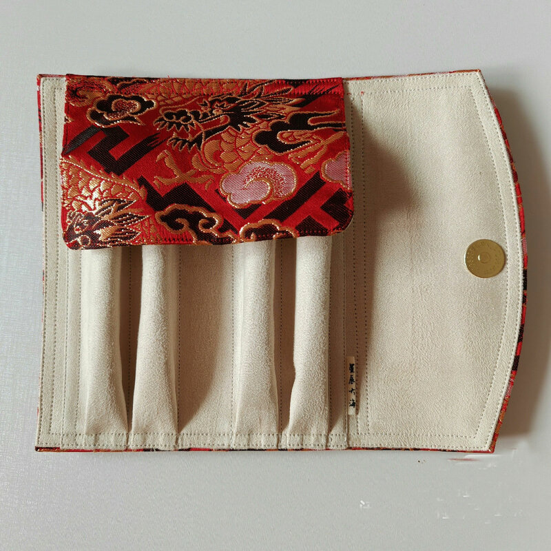 Finely Woven Brocade Fabric Pencil Case, Liner with Faux Deerskin Velvet, 4 Hole Pen, Roller Curtain, 5 Holes