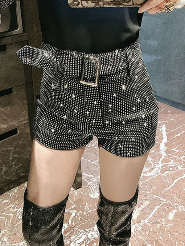 Celana pendek berlian imitasi celana pendek kaki lebar wanita sabuk wanita celana pinggang tinggi seksi modis baru pinggang elastis berlian kasual