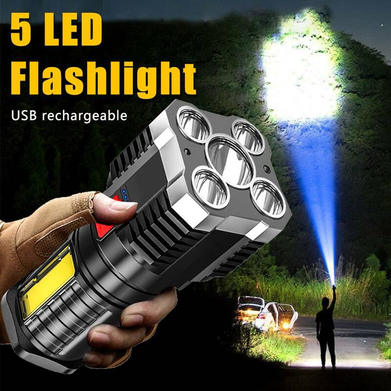 Lampe de poche aste USB, 5 LED COB, lumière latérale, affichage de l'alimentation, extérieur, lampe portable, 4 modes, étanche, torches rechargeables