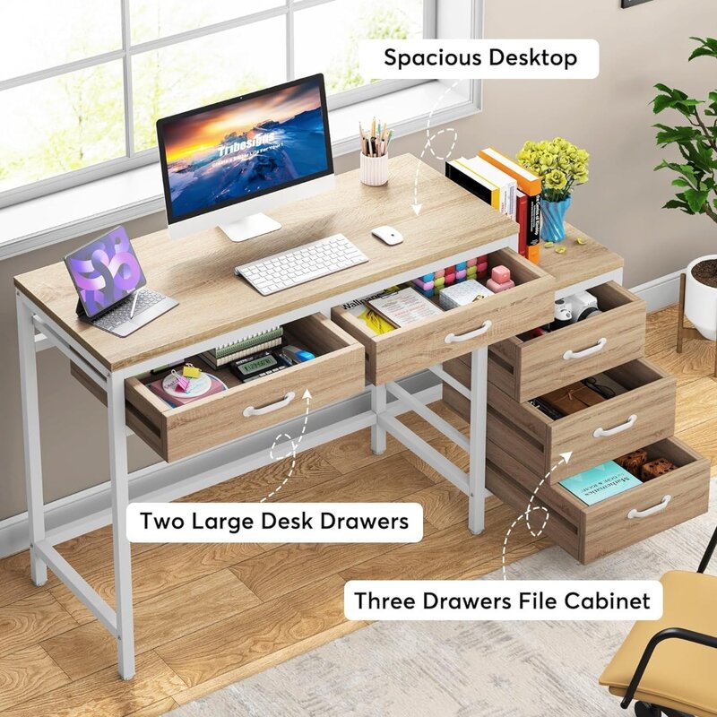 Desks with 5 Drawers, Home Office Desks with Reversible Drawer Cabinet Printer Stand,
