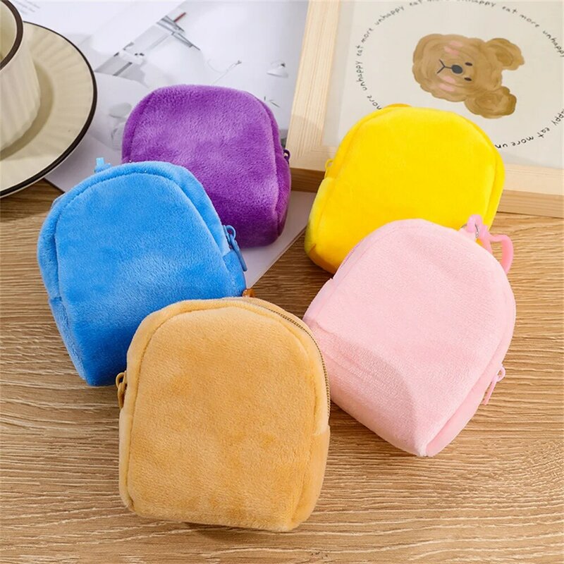 Cute Candy Color Plush Fluffy Coin Purse Women Minimalist Square Change Pouch Wallet Headphone Bag Key Holder ID Card Bag Girls