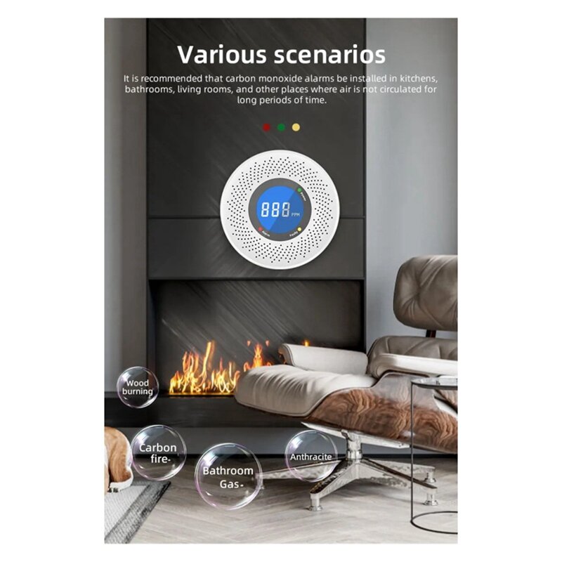 1 PCS rilevatore autonomo di monossido di carbonio in plastica bianca CO allarme con Display a schermo alimentato a batteria per l'ufficio della cucina di casa