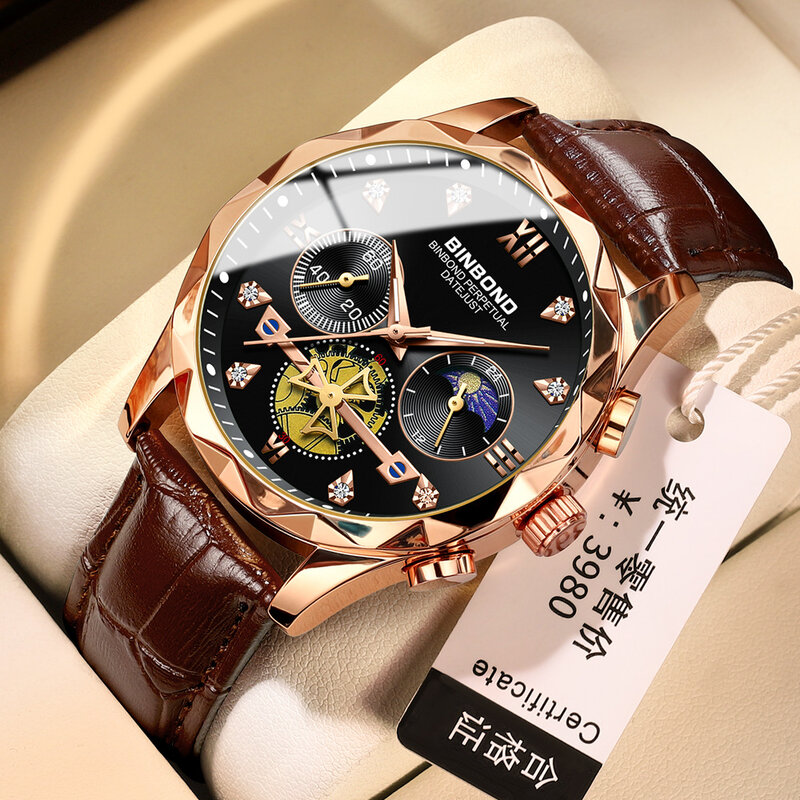BINBOND jam tangan pria bisnis multifungsi, jam tangan kuarsa tren modis kasual tahan air bercahaya untuk pria