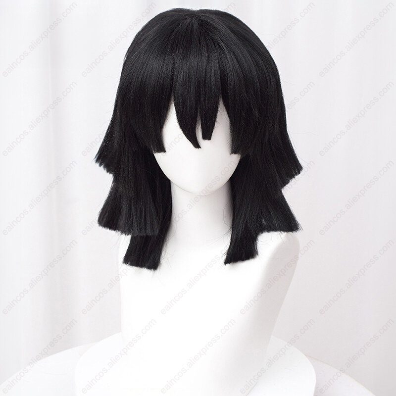 Peluca de Cosplay de Anime Iguro Obanai, pelo sintético resistente al calor, esponjoso negro, 40cm