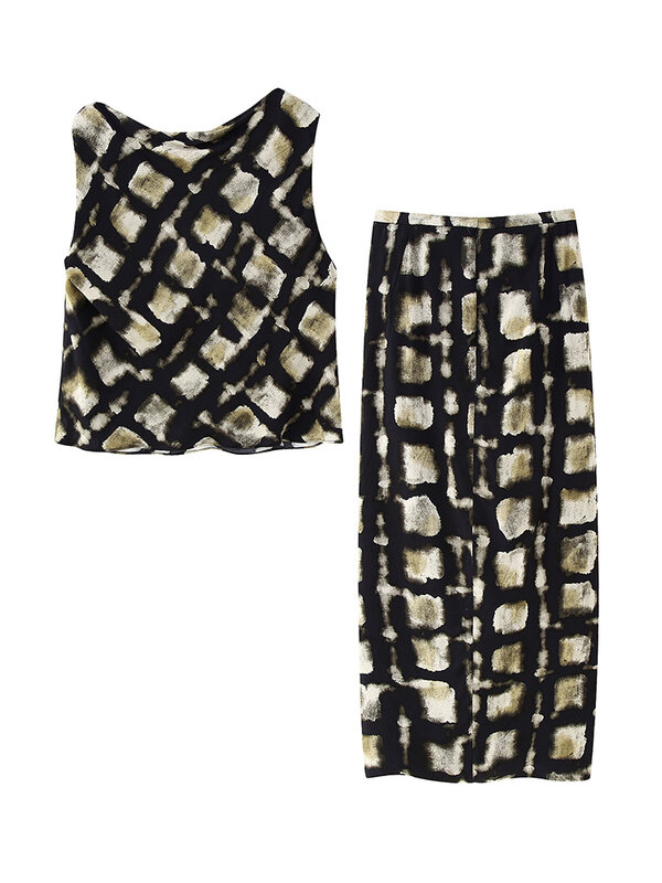 女性のためのヴィンテージプリントのロングスカート,非対称の衣装,ラウンドネック,裸の背中とフロントリボン付き,2ピース,2023