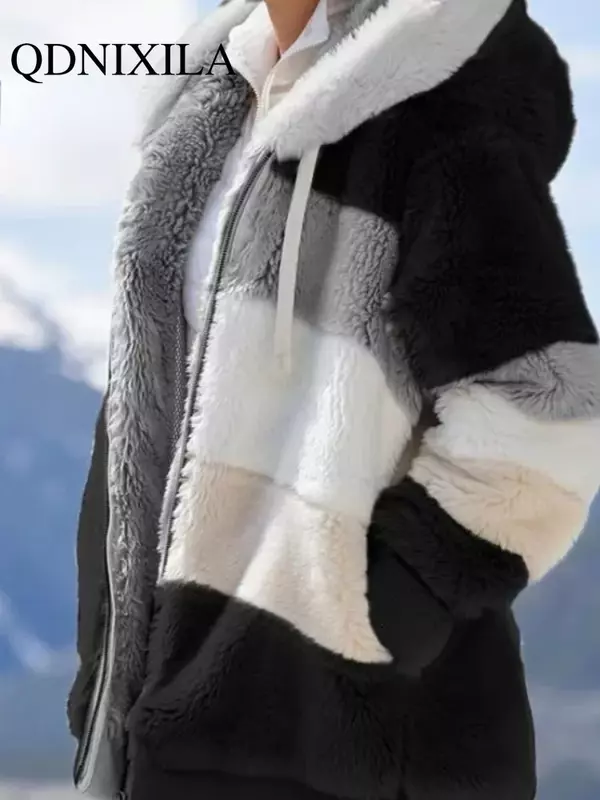 여성용 따뜻한 플러시 지퍼 포켓 후드 루즈 재킷, 오버사이즈 코트, 후드, 맨투맨 의류, 가을, 겨울, 신상