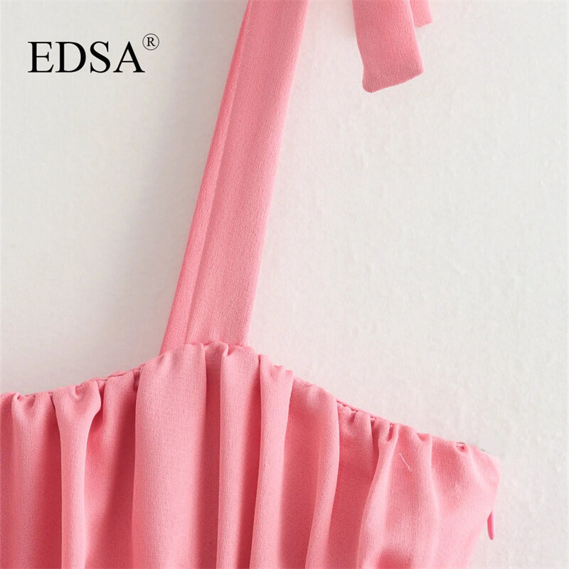 EDSA Women Elegant Pink Satin Top with Bows 2024 Summer Straight Neckline Wide Straps Sexy Backless Female Blouse