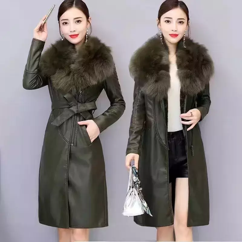 Abrigo de piel sintética para mujer, chaqueta ajustada de longitud media con cintura ajustable, color liso, a la moda, para otoño e invierno, 2023