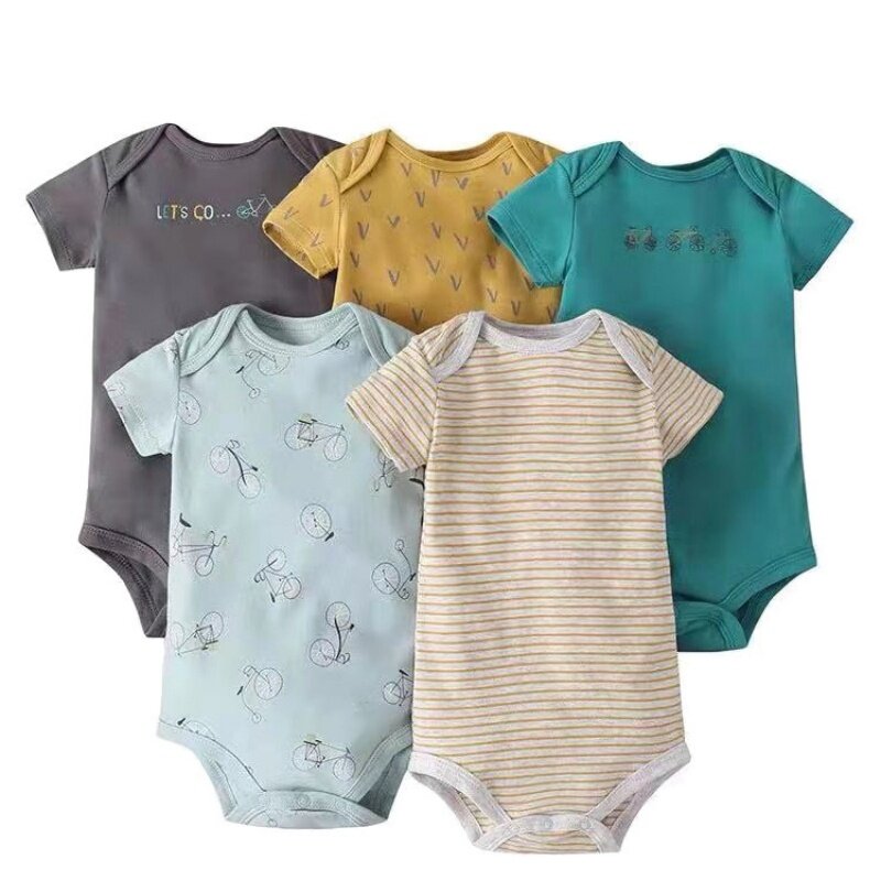 Newborn Boys Romper New Summer Girl Bodysuit Clothing Soft Baby Clothes Jumpsuits Cotton Set Cartoon Print Solid Color Bebe 5Pcs
