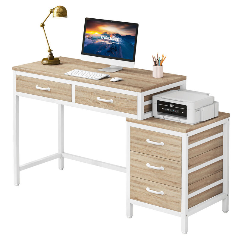 Escritorio de computadora de 5 cajones, mesa de escritura de estudio, estación de trabajo de oficina en casa con almacenamiento