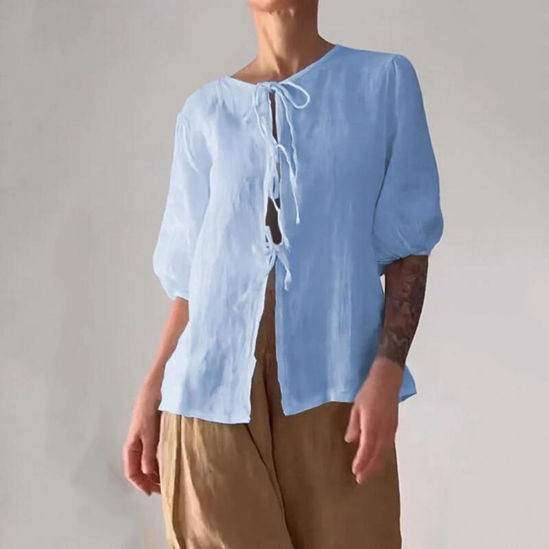 Conjunto de 2 piezas de camisa holgada con lazo para mujer, pantalones de pierna ancha, Top de manga corta, ropa de calle para mujer, trajes informales
