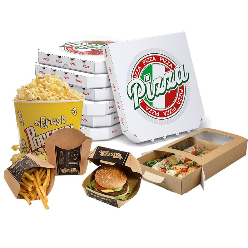 Caja de comida desechable para patatas fritas, caja de pizza de hamburguesa, Papel kraft blanco, producto personalizado impreso a granel, ecológico, 9 ", 12", 16 ", 18"