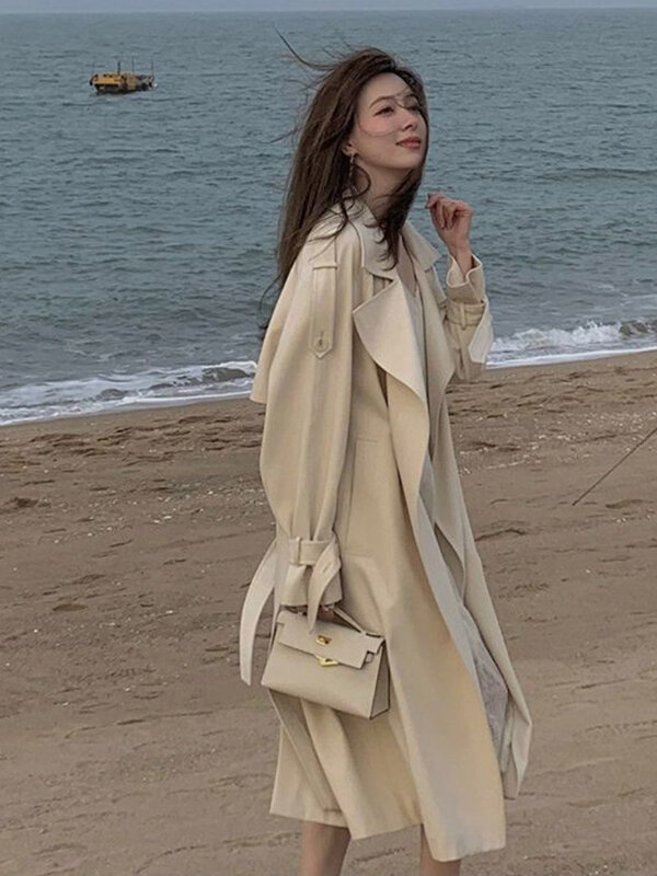 Frühling und Herbst Trenchcoat für Frauen Windschutz hochwertige drapieren mittellange einfarbige Temperament Slim Fit Mantel