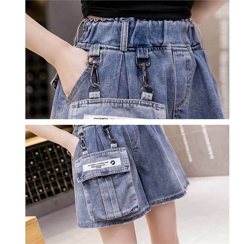 Elastic Waist Workwear Denim Shorts for Women 2024 New Summer Casual Detachable Pockets for Wearing Wide Leg Pants Outside