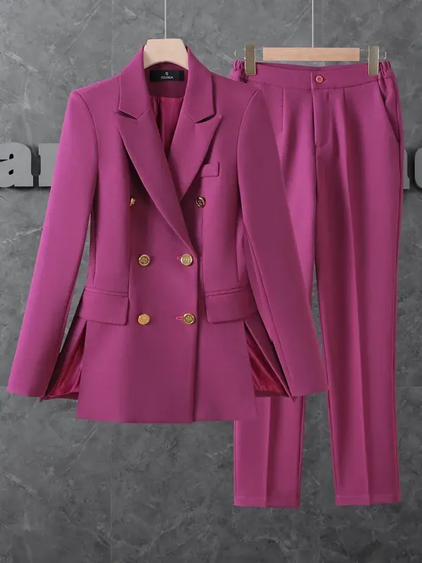 시크한 정장 여성 바지 세트 보라색 핑크, 사무실 숙녀 블레이저 및 바지, 우아한 더블 브레스트 비즈니스 작업복, 2 피스 세트