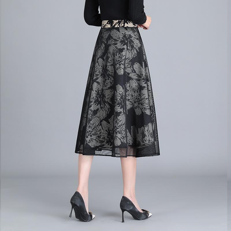 Female Vintage Floral Print Pleated Elegant Party Skirt for Women Ladies Fashion High Waist Mid-Calf Celebrity Party Skirt Q638
