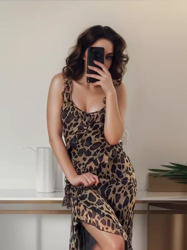 Sexy Leopard Printed Slip Ruffles abiti moda donna abito senza maniche estate New Holiday Lady Beach Party Vestidos
