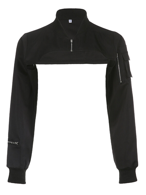 Weekeep 펑크 스타일 슈퍼 크롭 재킷, 집업 포켓 패치워크 카고 재킷, 여성 의상, 스트리트웨어, 블랙 코트, 한국 패션
