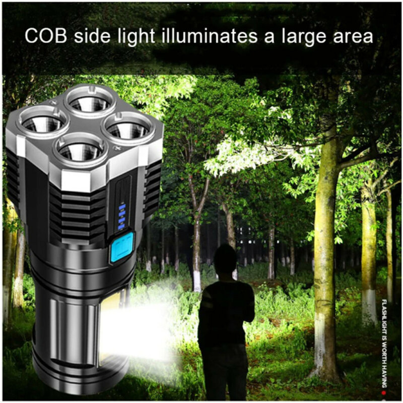 Senter LED terang Quad-Core, lampu senter kuat dapat diisi ulang Super terang pasukan khusus luar ruangan multi-fungsi