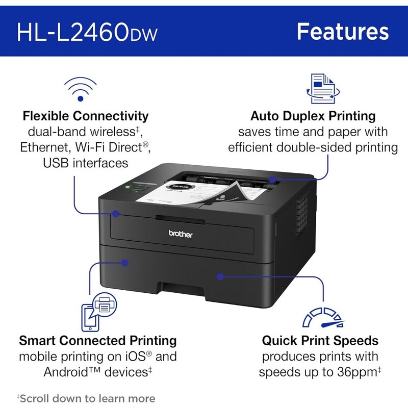Imprimante laser monochrome compacte sans fil HL-L2460DW avec impression duplex et mobile