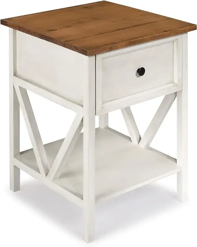 طاولة جانبية مربعة خشبية لغرفة المعيشة ، طاولة صغيرة بلهجة ، بلوط ريفي وأبيض ، مزرعة حديثة ، درج واحد ، 19 بوصة