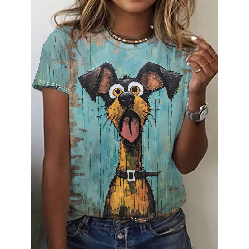 Camiseta estampada de cão dos desenhos animados das mulheres, bonito animal nicho design, blusa casual de manga curta Harajuku, plus size roupas femininas