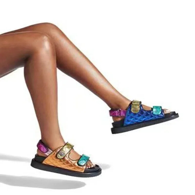 Kolorowe grube sandały plażowe nowe okrągłe noski w stylu klasycznym sandały duże rozmiary kolorowe sandały letnie na platformie dla kobiet