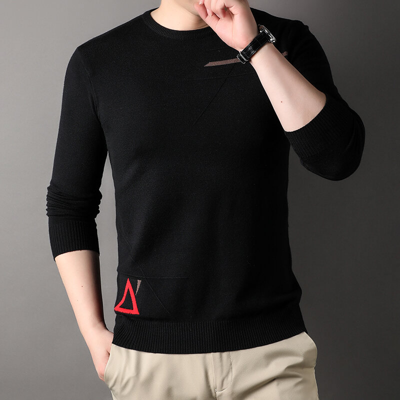 Suéter triangular de malha fino masculino, manga comprida, monocromático, gola redonda, suéteres diários confortáveis, 2023