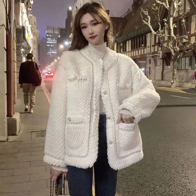 2024 New Lamb Wool Coat Women's Autumn Winter Small Fragrance Jacket High Quality Outwear Padded Imitation Fur Coats Ladies Tops