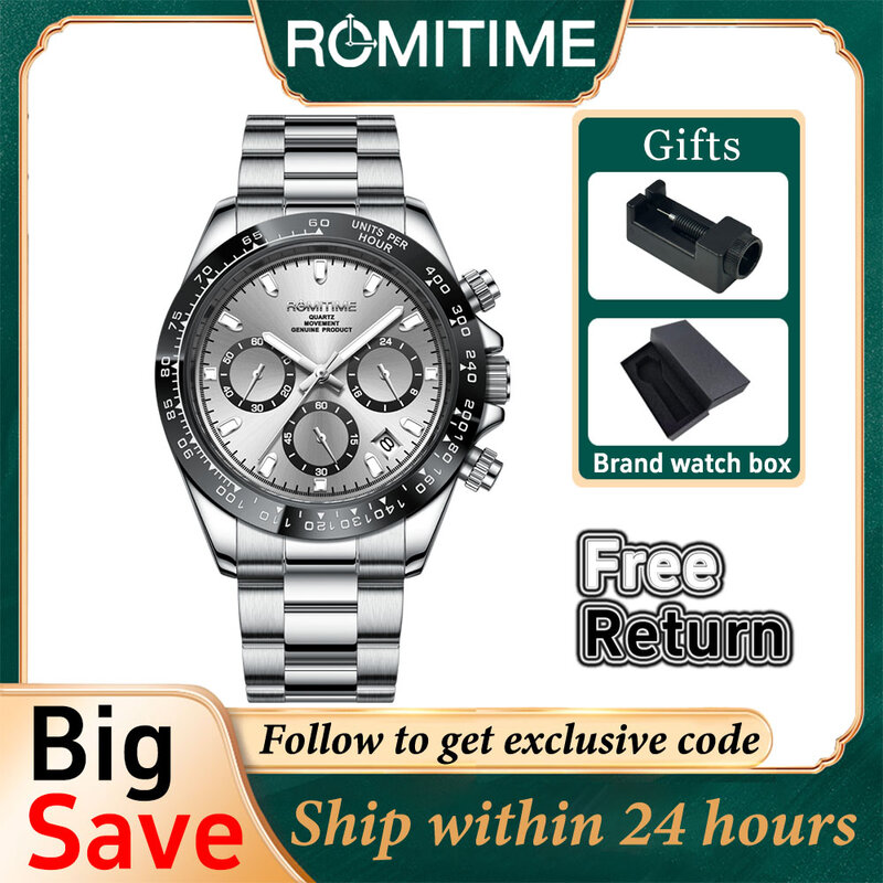 ROMITIME 남성용 쿼츠 비즈니스 시계, 크로노그래프 발광 시계, 최고 브랜드 럭셔리 시계, 하이 퀄리티 2024 신제품