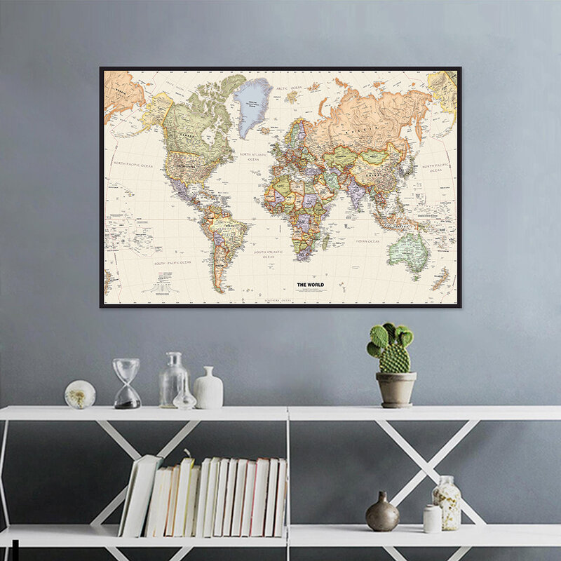 59*42 см карта мира в стиле ретро, детальная карта основных городов в каждой стране, Нетканая винтажная карта, украшение для дома, настенный плакат