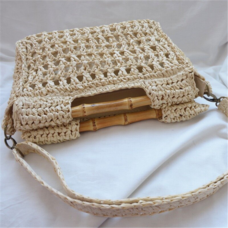 Bolsas de palha de bambu vintage para mulheres, papel casual tecido, sacos crossbody de ombro, bolsa de praia artesanal, bolsa pequena, verão