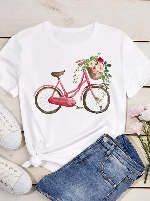 Camiseta estampada de bicicleta flor feminina, gola O, camiseta de manga curta, tops casuais, moda verão