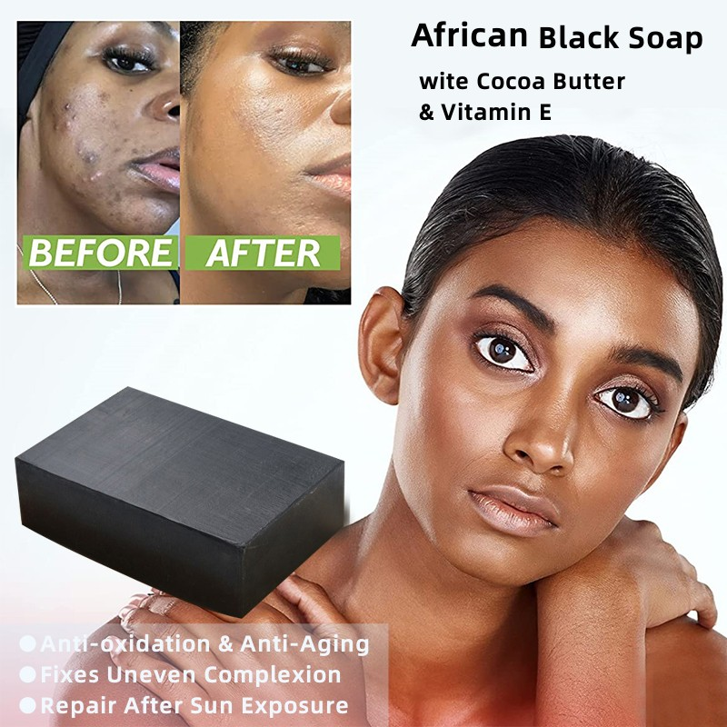 Sabun buatan tangan hitam Afrika sabun Bar hitam organik Cocoa Butter Vitamin E gelembung kaya minyak kulit sabun kontrol untuk tubuh wajah
