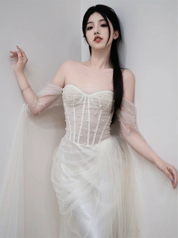 Koreański styl lekka nowa suknia ślubna wymarzony welon bankiet panna młoda z odkrytymi ramionami ciężka praca