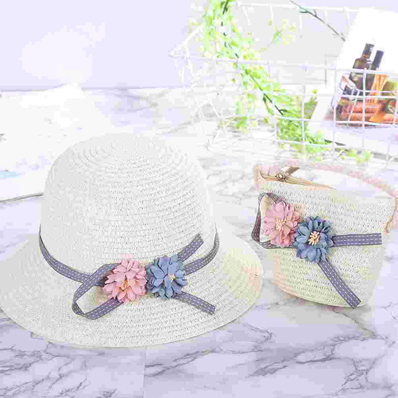 1 Set of Kids Beach Kit Adorable Straw Hat Crossbody Bag for Little Girls (Pink)