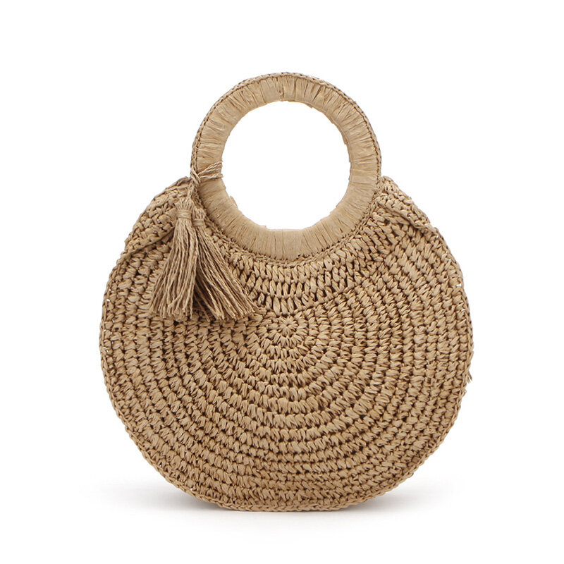 Bolsa feminina de borla tecida à mão, bolsa de palha, estilo boêmio, com alça, para a praia, verão